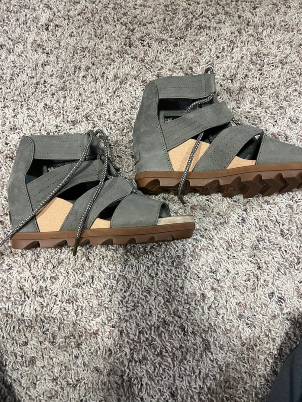 Sorel Gray/olive Suede Lace-Up Wedge Sandals with Brown Lug Sole